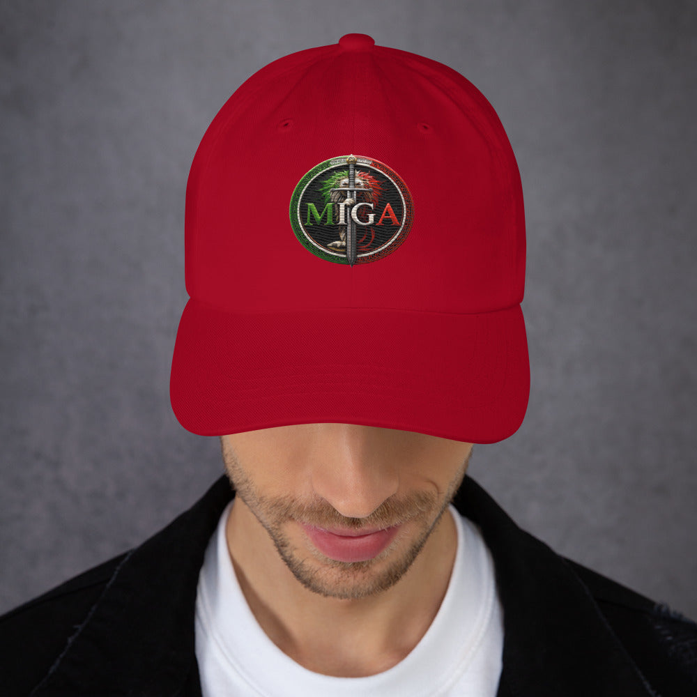 MIGA lion emblem embroidered dad hat in cranberry red, unisex adjustable cap male model