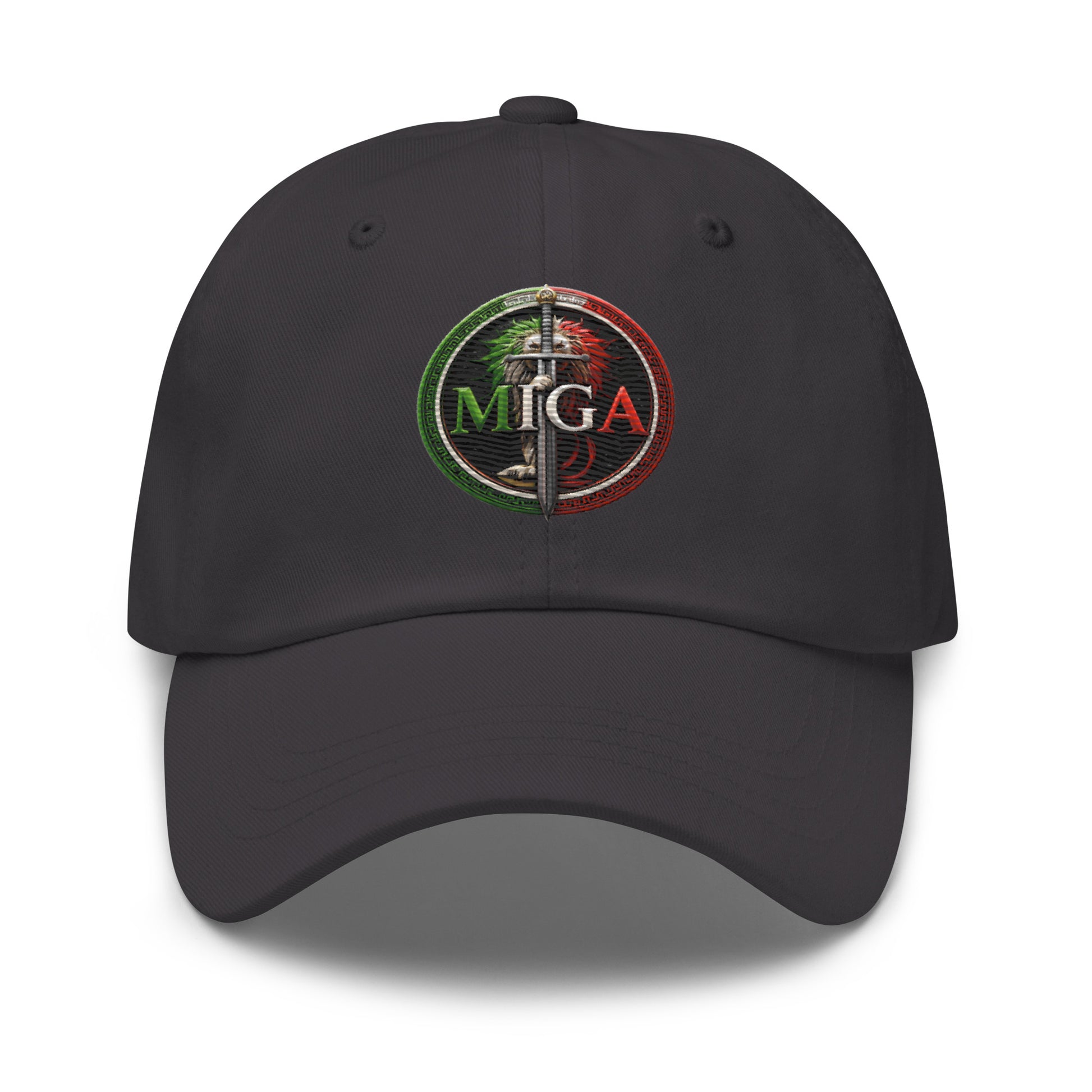 MIGA lion emblem embroidered dad hat in dark grey, unisex adjustable cap