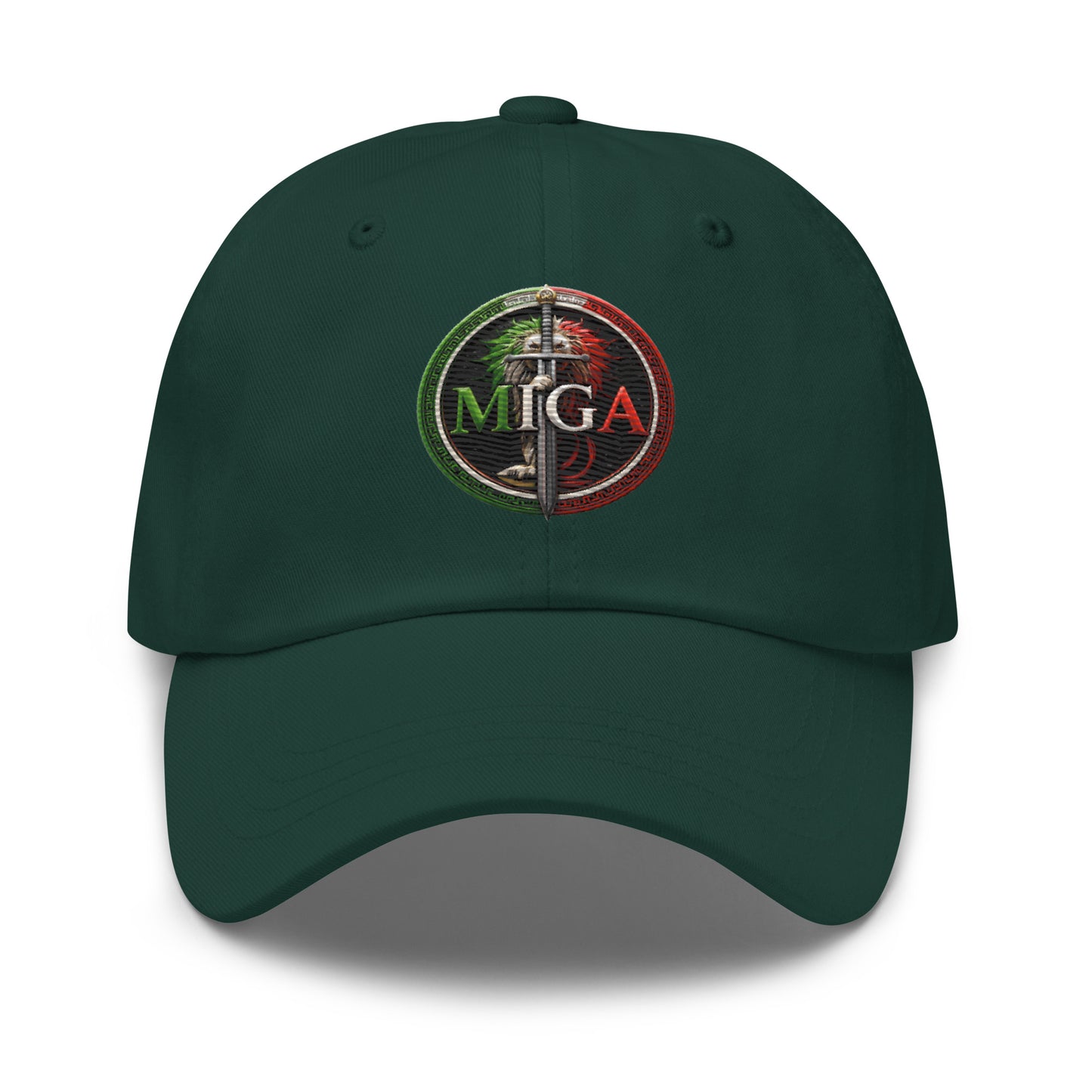 MIGA lion emblem embroidered dad hat in forest green, unisex adjustable cap