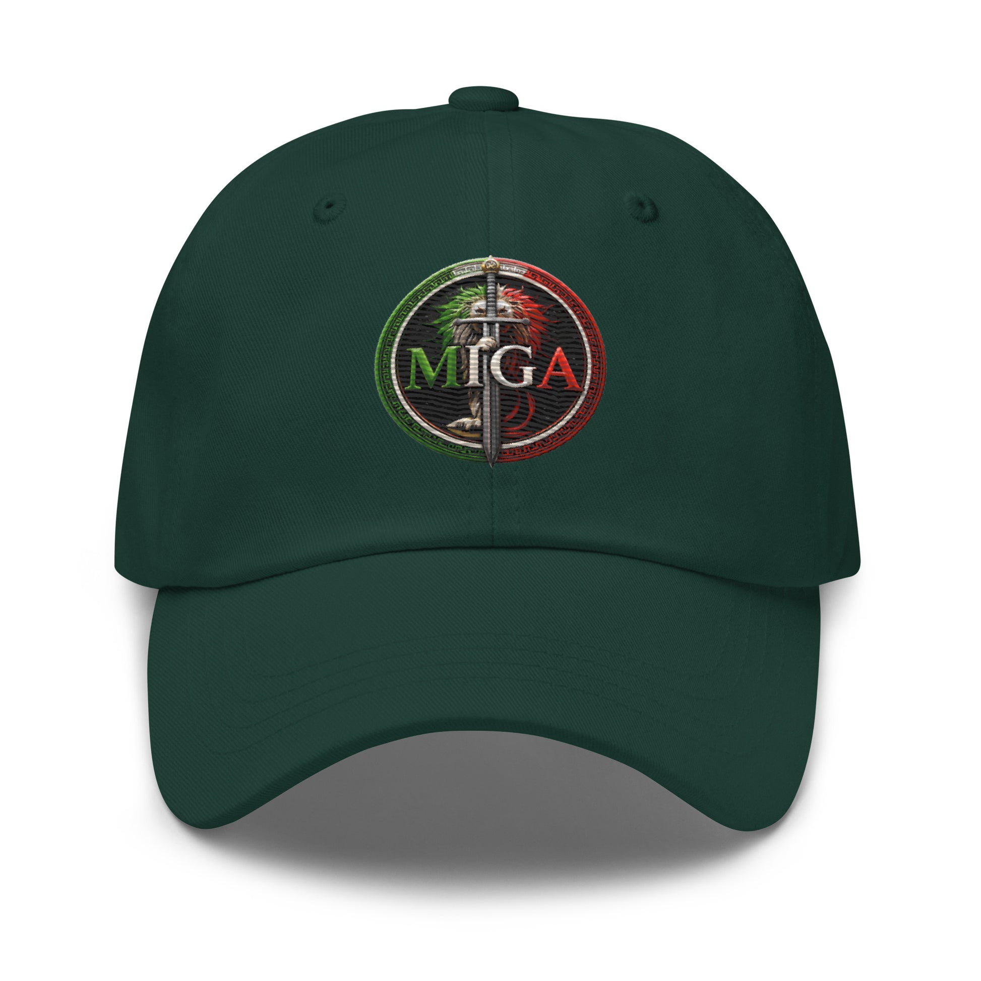 MIGA lion emblem embroidered dad hat in forest green, unisex adjustable cap
