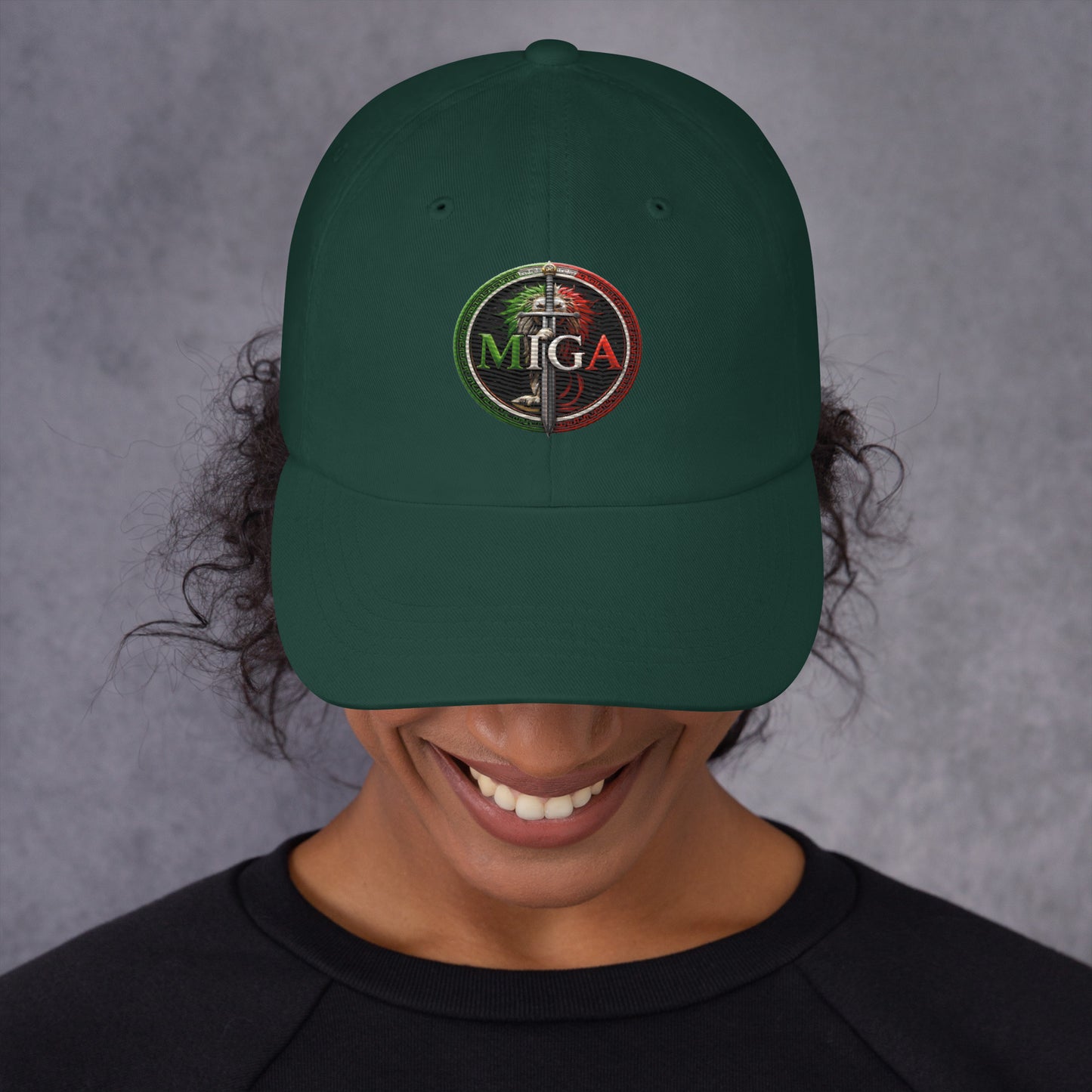 MIGA lion emblem embroidered dad hat in forest green, unisex adjustable cap female model