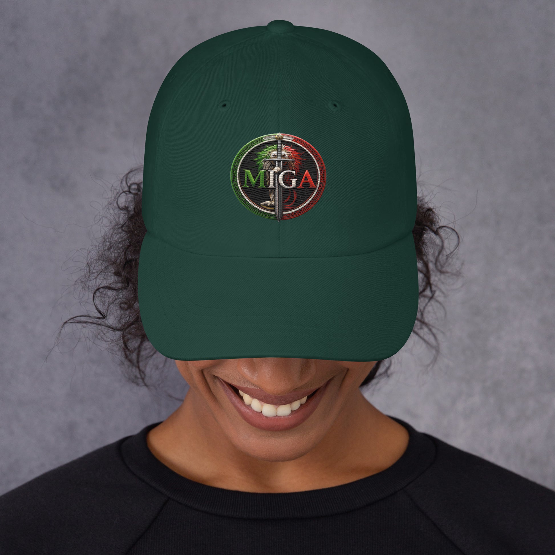 MIGA lion emblem embroidered dad hat in forest green, unisex adjustable cap female model