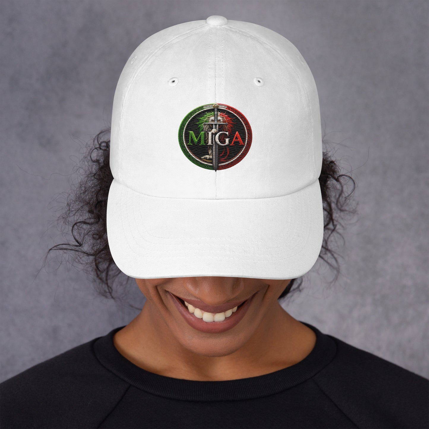 MIGA lion emblem embroidered dad hat in white, unisex adjustable cap