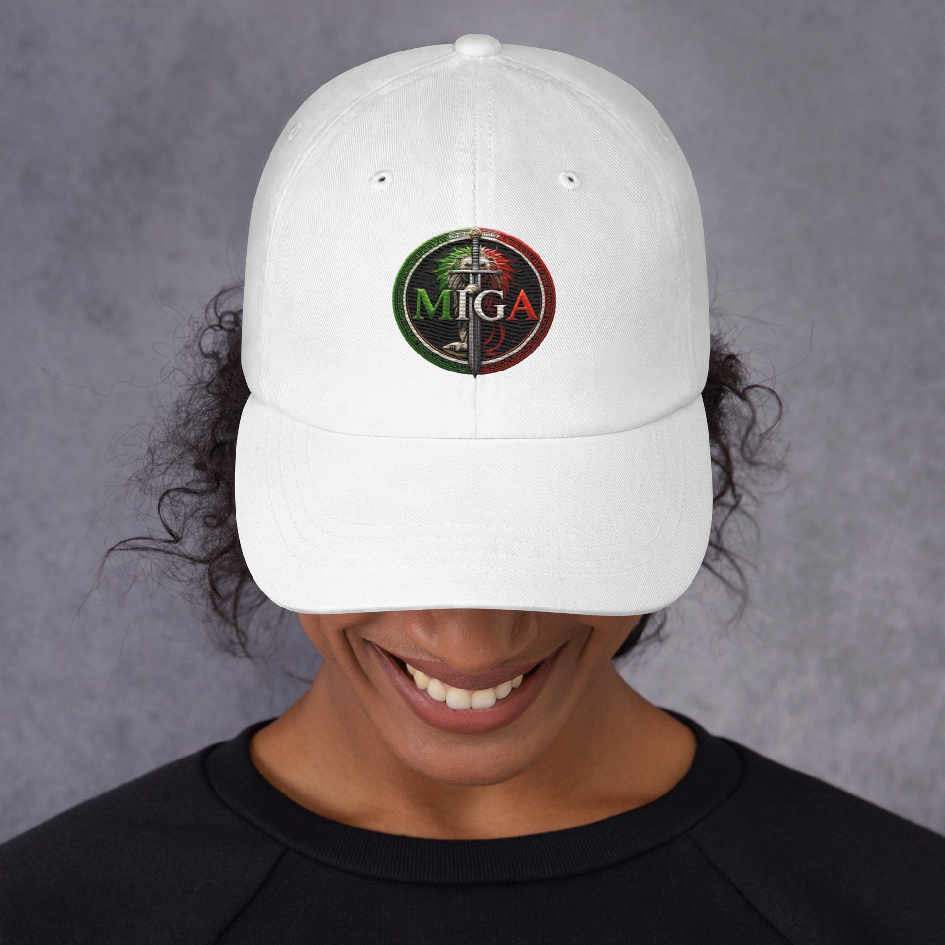 MIGA lion emblem embroidered dad hat in white, unisex adjustable cap