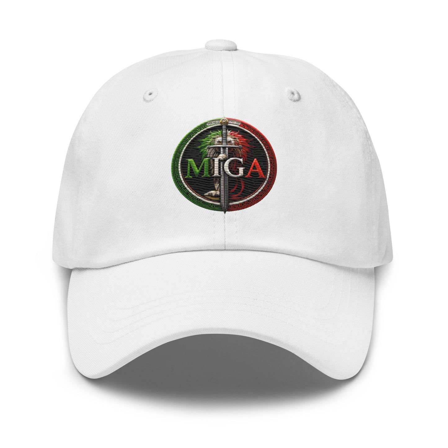 MIGA lion emblem embroidered dad hat in white, unisex adjustable cap