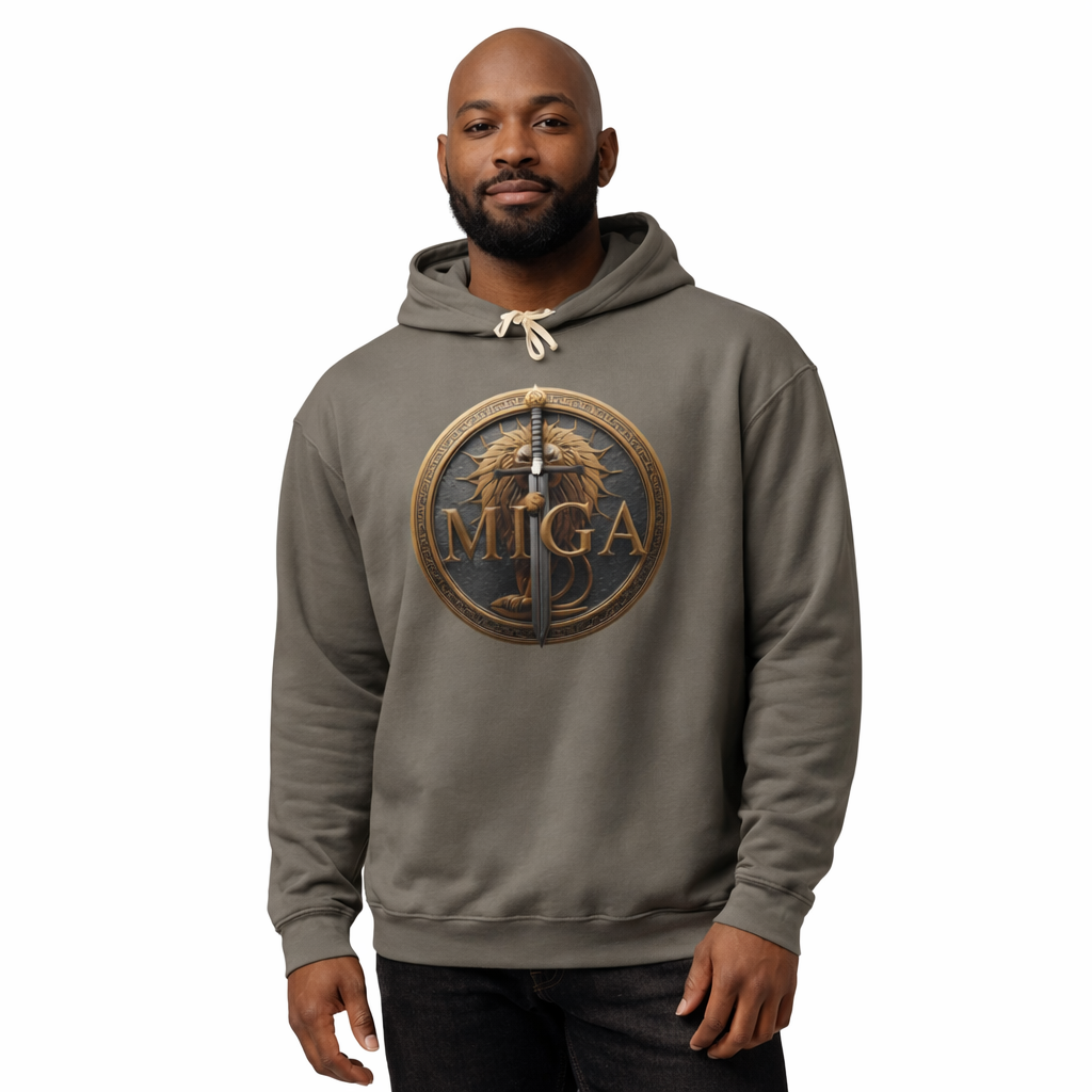 Male model wearing pepper dark grey MIGA hoodie featuring gold lion emblem and sword design, front view on white background
