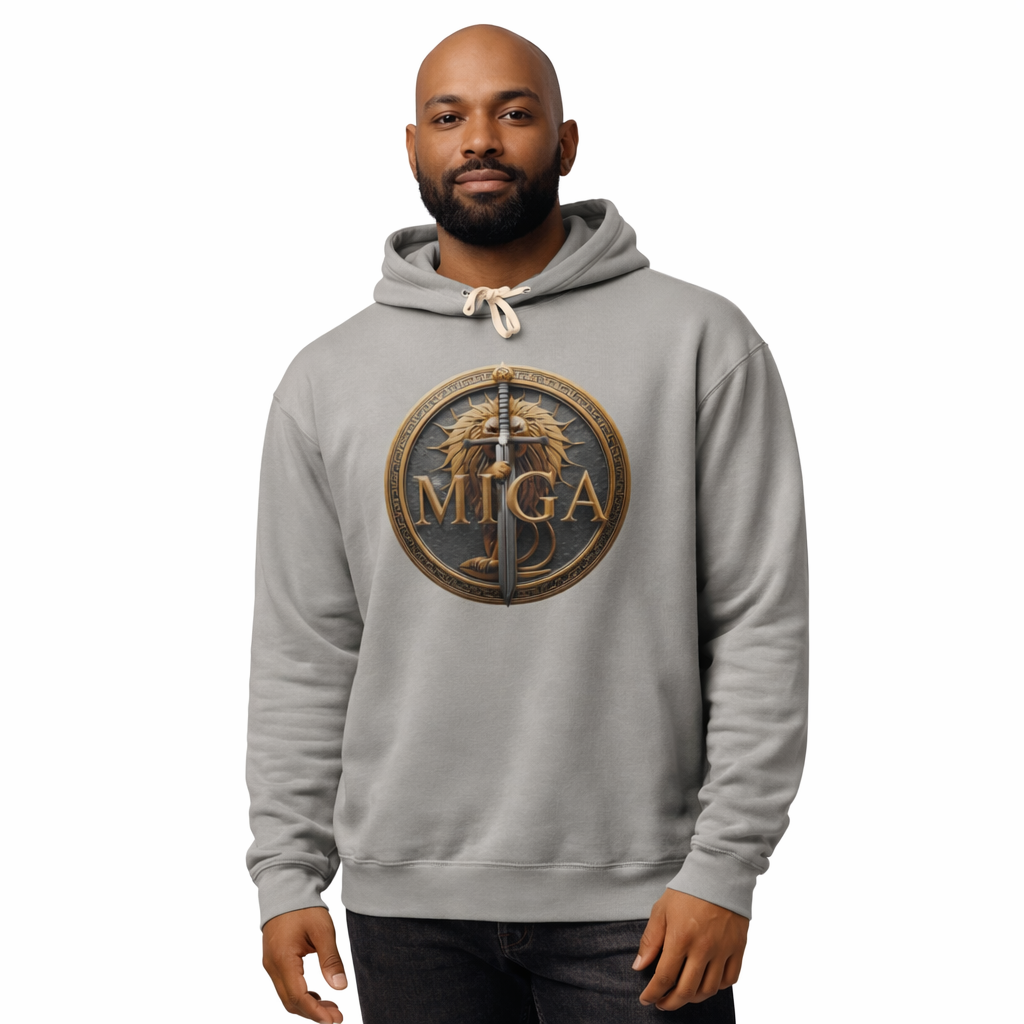 Male model wearing grey MIGA hoodie featuring gold lion emblem and sword design, front view on white background
