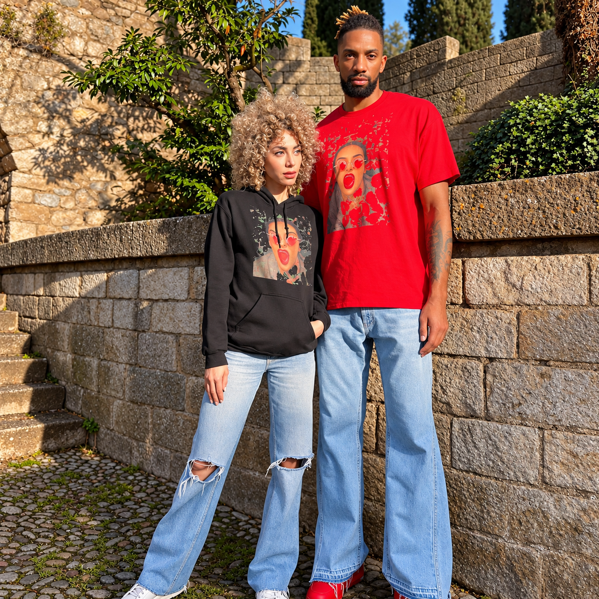 Male and female models wearing a red graphic T-shirt and black graphic hoodie in an outdoor streetwear shoot