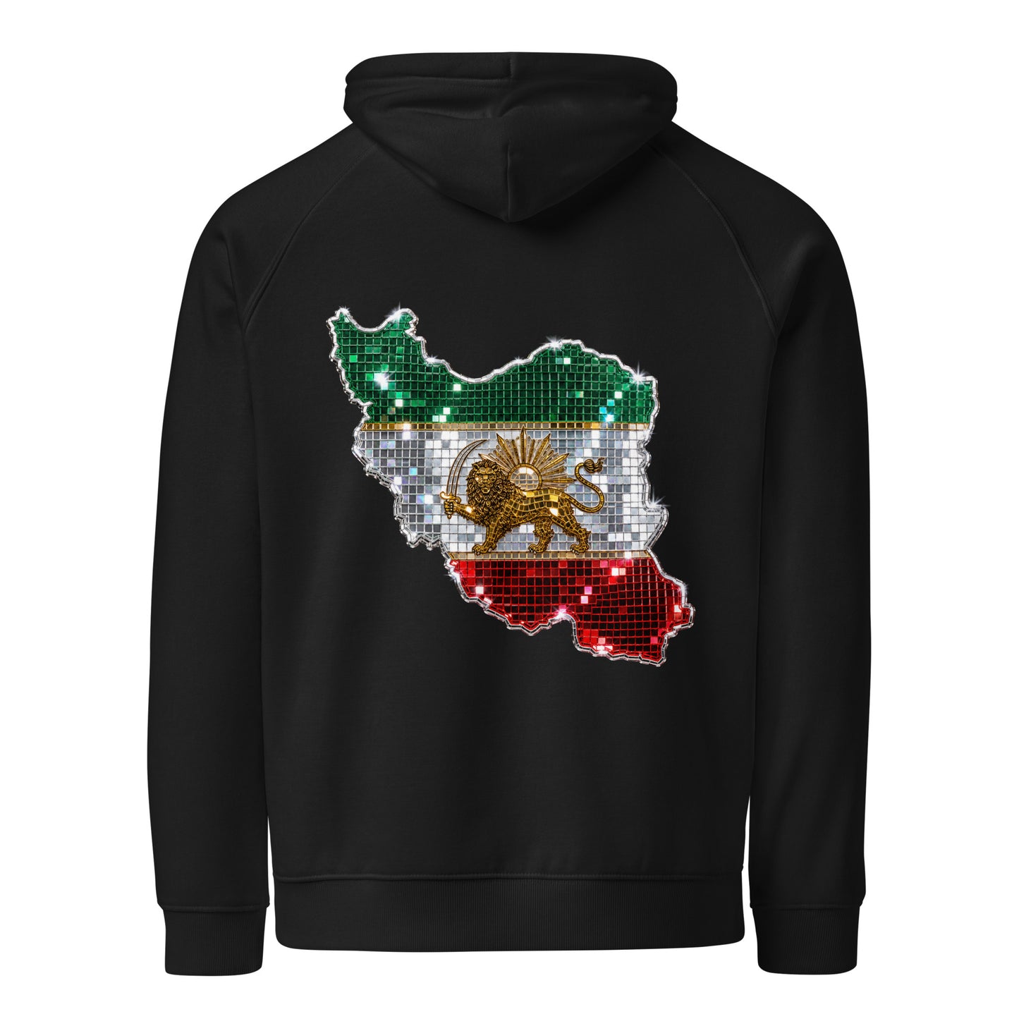 Black Persian hoodie with mirrored Iran map and gold Lion and Sun back design