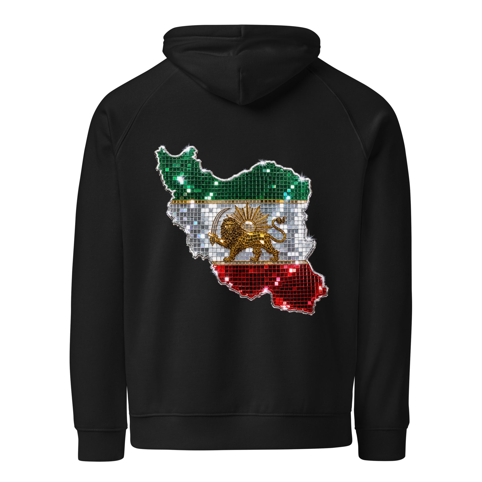 Black Persian hoodie with mirrored Iran map and gold Lion and Sun back design