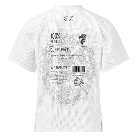 100% Persian unisex American football mesh jersey with black graphic design, breathable loose fit, and lightweight streetwear style.