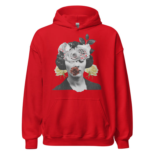 Unisex red hoodie with floral portrait graphic design
