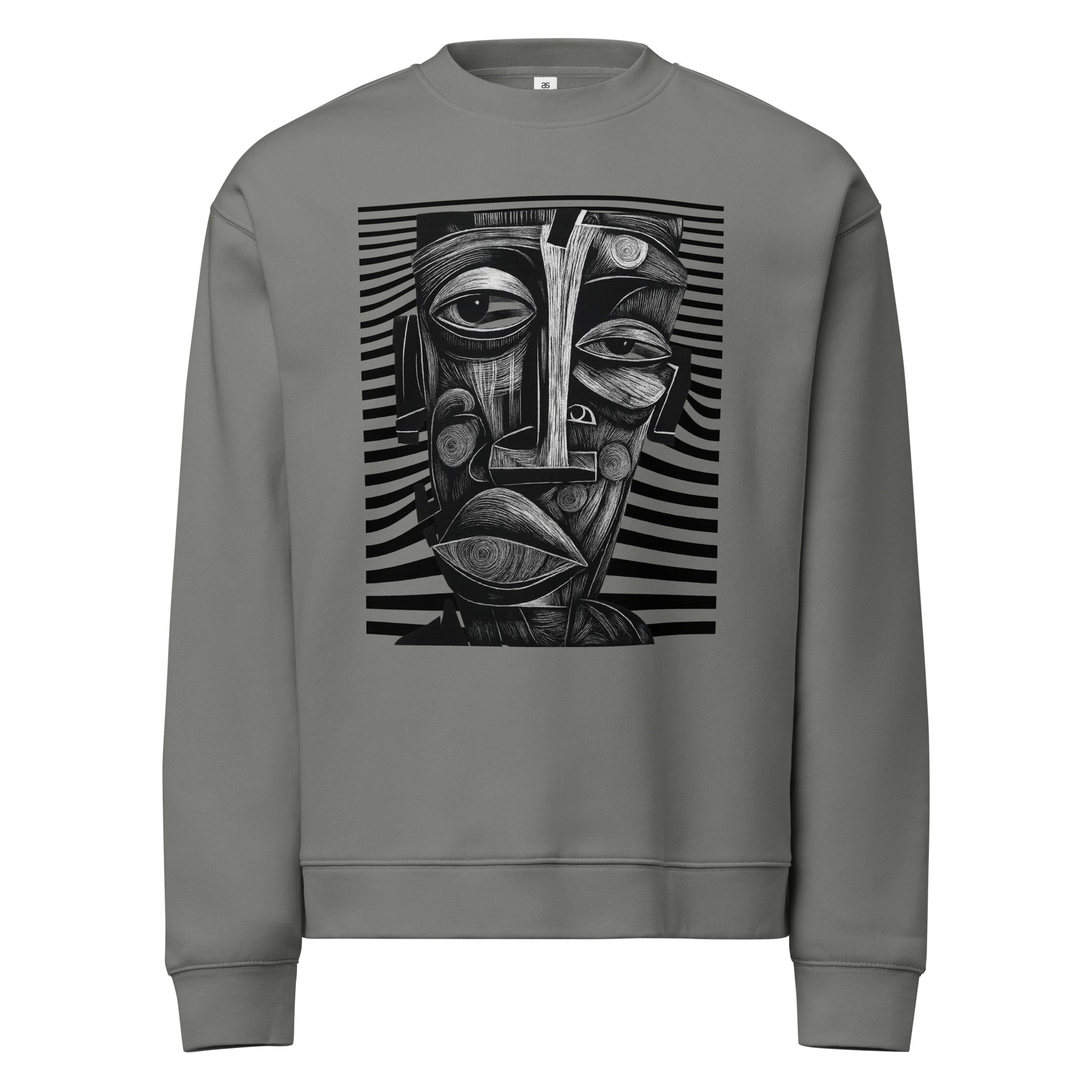 Unisex gray sweatshirt with black and white abstract face art design on front – modern minimalist streetwear style.