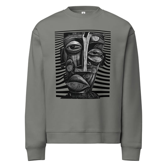 Unisex gray sweatshirt with black and white abstract face art design on front – modern minimalist streetwear style.
