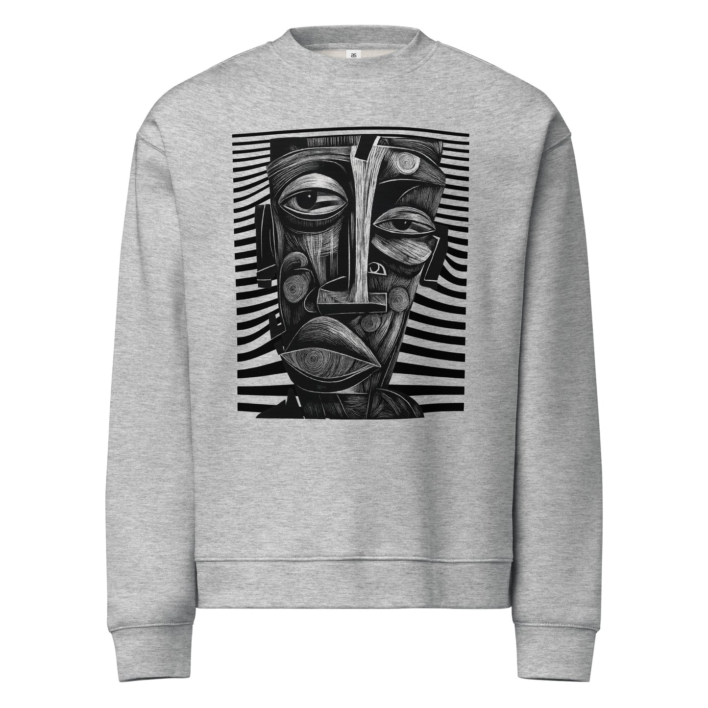 Unisex light gray sweatshirt with artistic abstract face print – contemporary streetwear fashion for men and women.