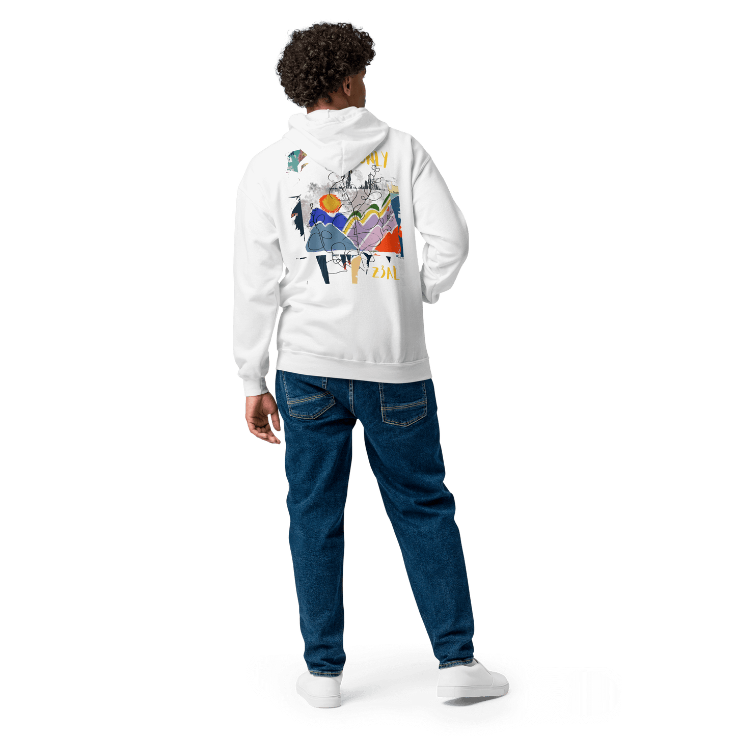 Unique Painted Back Design on Heavy Blend White Hoodie