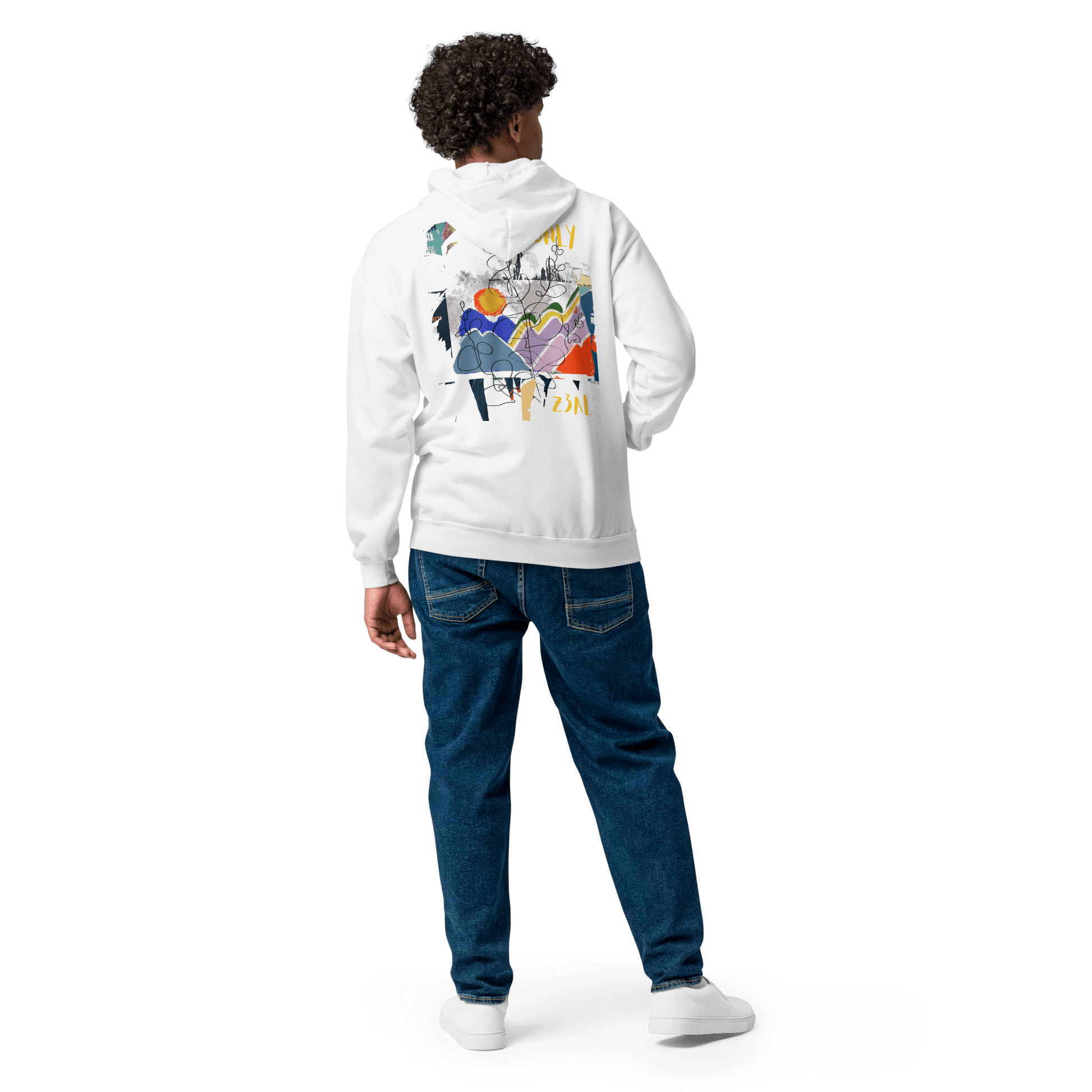 Unique Painted Back Design on Heavy Blend White Hoodie