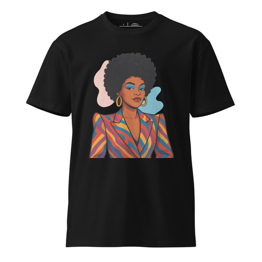 Afro Woman Retro Graphic Black Tee – Unisex 70s Style T-Shirt